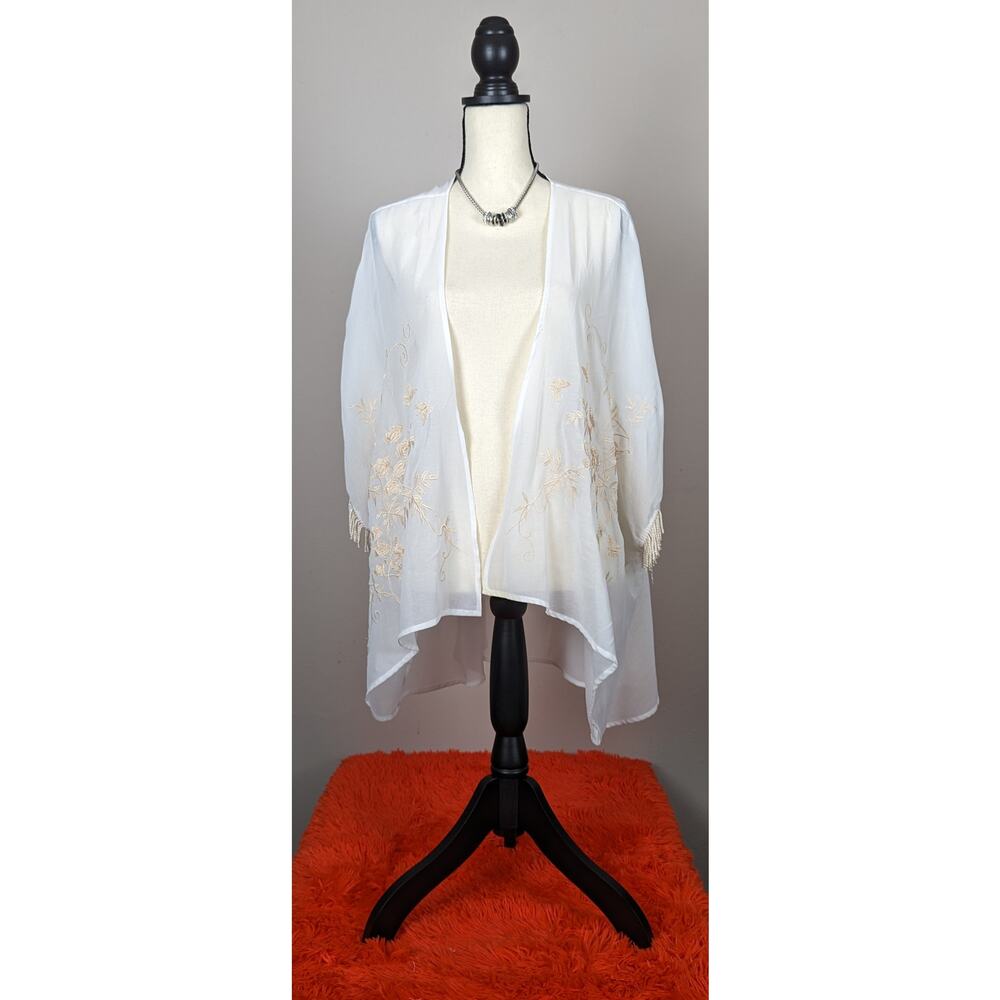 Ella Blue Cream White Floral Embroidered Fringe Sleeves Sheer Kimono M/L